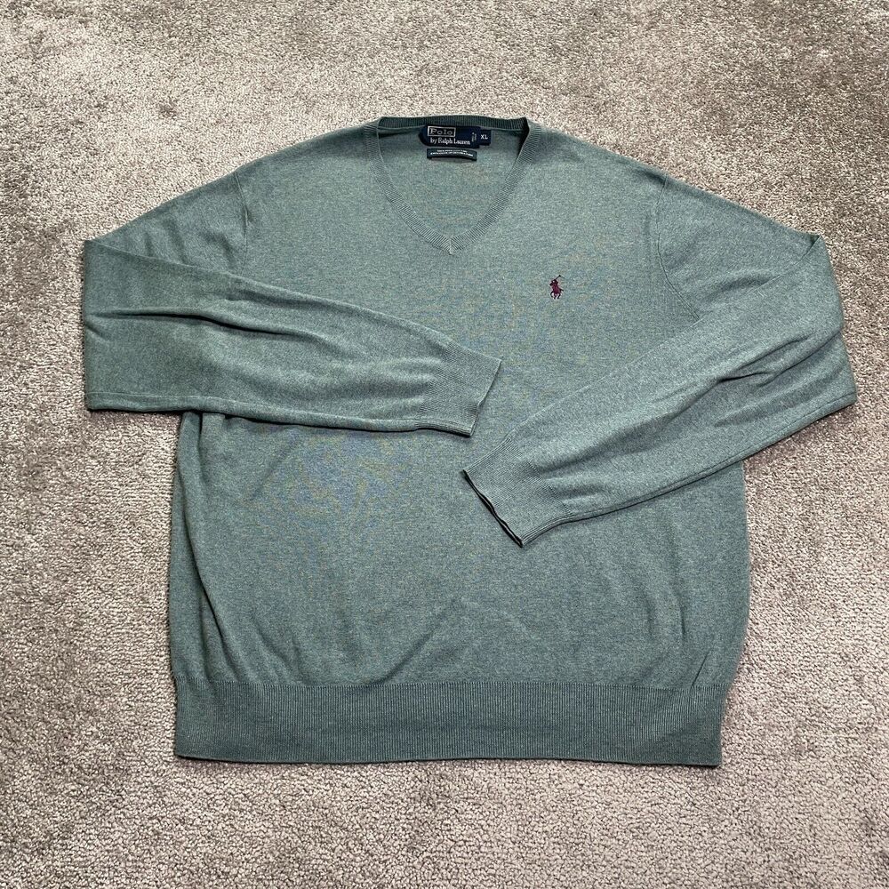 Polo Ralph Lauren Sweater Mens XL Solid Green V-Neck Cotton Knit Business Casual
